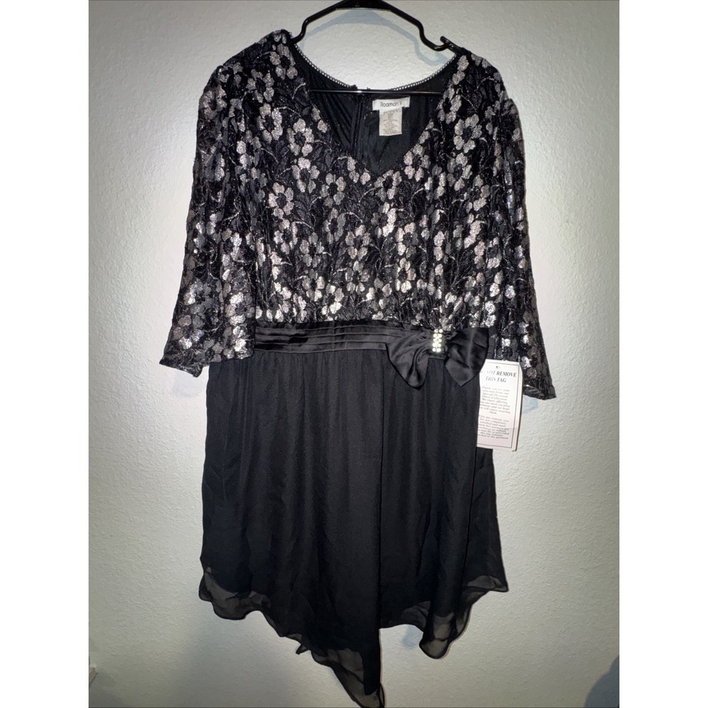 Romans Women's Black Dress‎ Size 20W Cocktail Metallic Lace Flower Top Bow NWT
